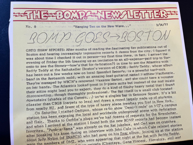 BOMP NEWSLETTER-  3/14/77 -"BOMP GOES BOSTON" ISSUE #8 
