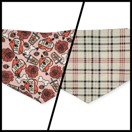 Dog Valentines/ Tan Plaid Reversible Tie-on Bandana (Small)