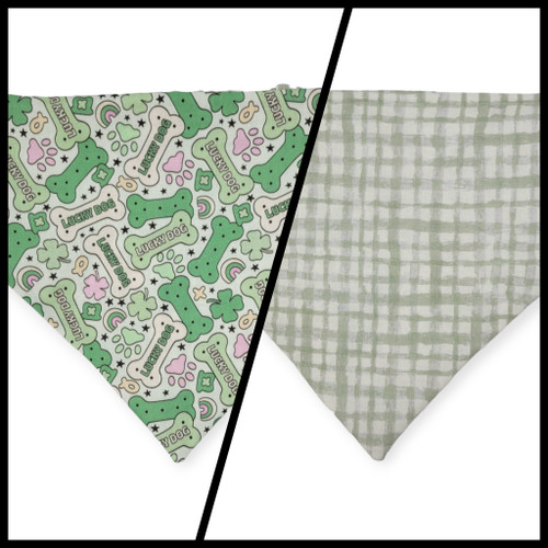 St. Patrick's Day Lucky Dog / Gingham Sage Plaid Slip-on Scrunchie Bandana (Large)