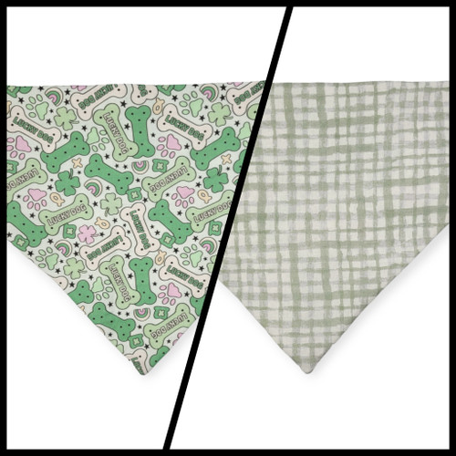 St. Patrick's Day Lucky Dog / Gingham Sage Plaid Slip-on Scrunchie Bandana (Large/X-Large)