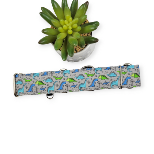 Green & Blue Dinosaurs on Grey Martingale Dog Collar (Large)