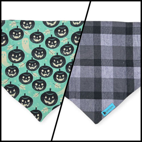 Pumpkins & Ghosts/Charcoal Plaid Slip-on Scrunchie Bandana (XX-Small)