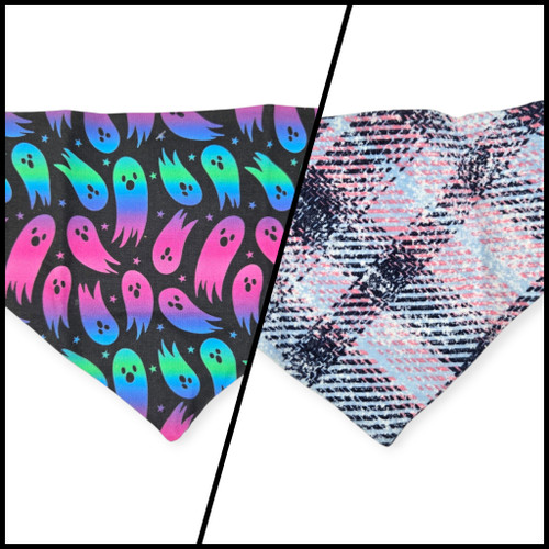 Rainbow Ghosts/Purple Distressed Plaid Reversible Slip-on Scrunchie Bandana (Small)