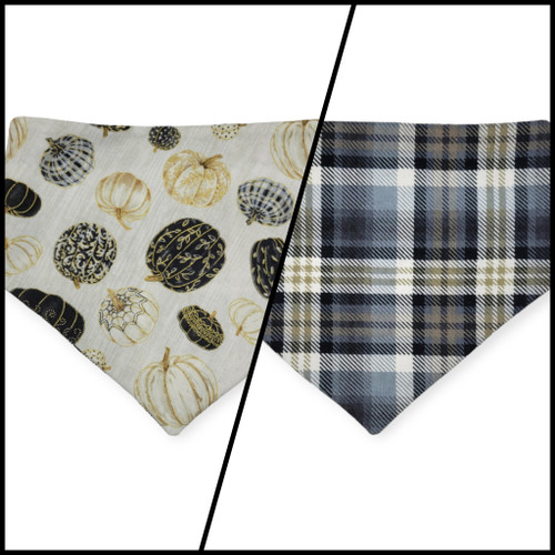 Pumpkin Quilt/Gray & Tan Plaid Reversible Tie-on Bandana (Small)