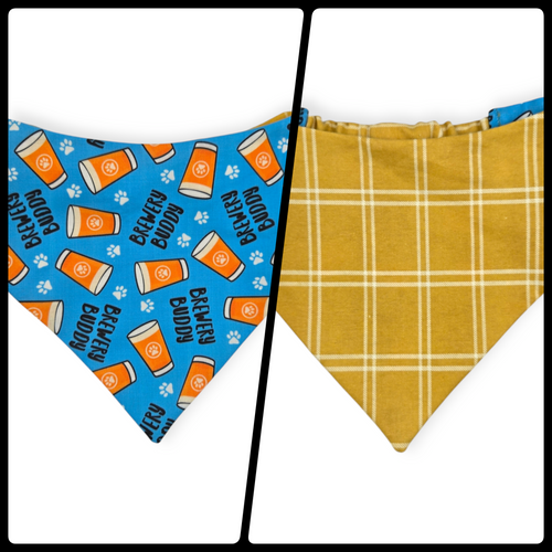 Brewery Buddy (Blue)/Mustard Plaid Reversible Slip-on Scrunchie Bandana (Small)