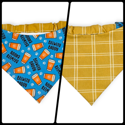 Brewery Buddy (Blue)/Mustard Plaid Reversible Slip-on Scrunchie Bandana (X-Large)