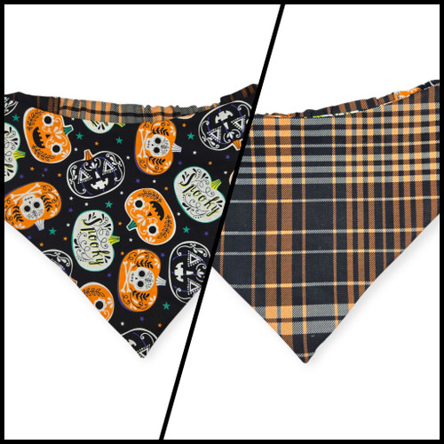 Sugar Skull Pumpkins/Halloween Plaid Reversible Slip-on Scrunchie Bandana (Large)