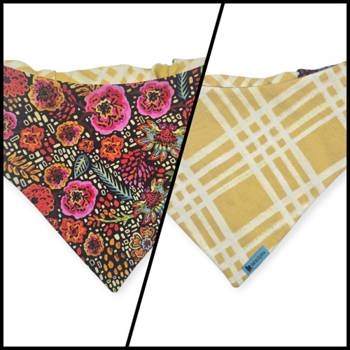 Brushstroke Flowers/Yellow Plaid Reversible Slip-on Scrunchie Bandana (Medium/Large)