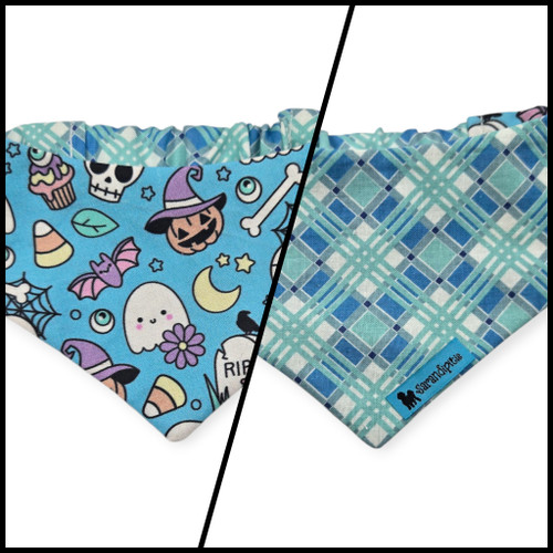 Pastel Halloween Charm/Blue Plaid Reversible Slip-on Scrunchie Bandana (Small)