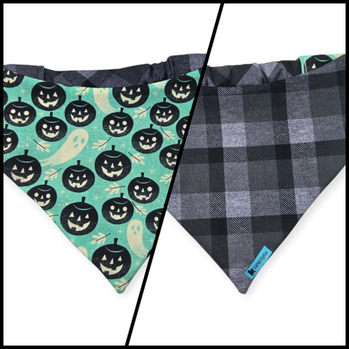 Pumpkins & Ghosts/Charcoal Plaid Slip-on Scrunchie Bandana (Large)