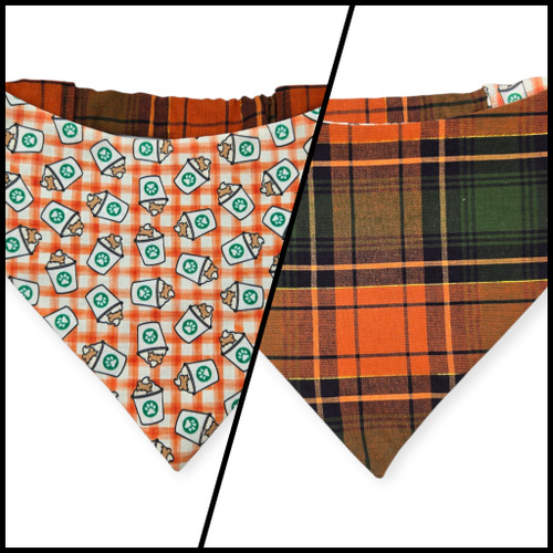 Pumpkin Spice Pup Cup/Green & Orange Plaid Slip-on Scrunchie Bandana (Large)