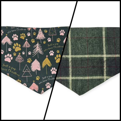 Just a Pup/Dark Green Plaid Reversible Tie-on Bandana (X-Large)
