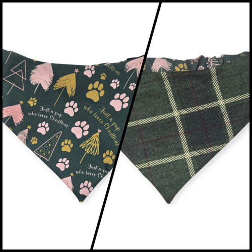 Just a Pup/Dark Green Plaid Reversible Slip-on Scrunchie Bandana (Large)