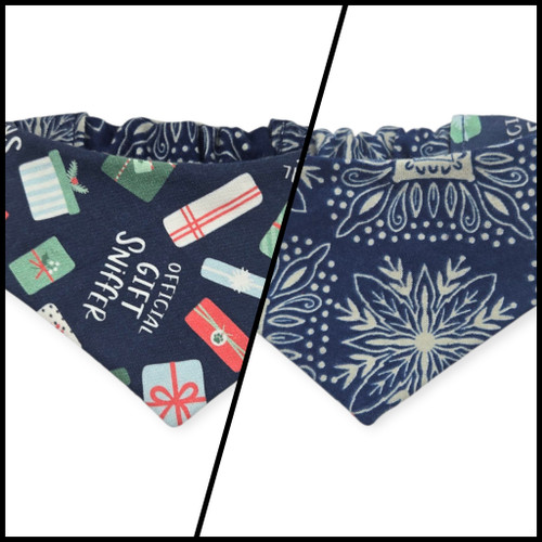 Gift Sniffer/Navy Snowflakes Reversible Slip-on Scrunchie Bandana (X-Small)