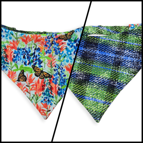 Indian Paintbrush & Bluebonnet/Green Distressed Plaid Reversible Slip-on Scrunchie Bandana (Medium/Large)