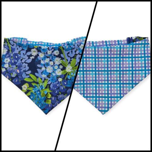 Wild Blossoms on Navy/ Purple & Blue Plaid Reversible Slip-on Scrunchie Bandana (Medium)