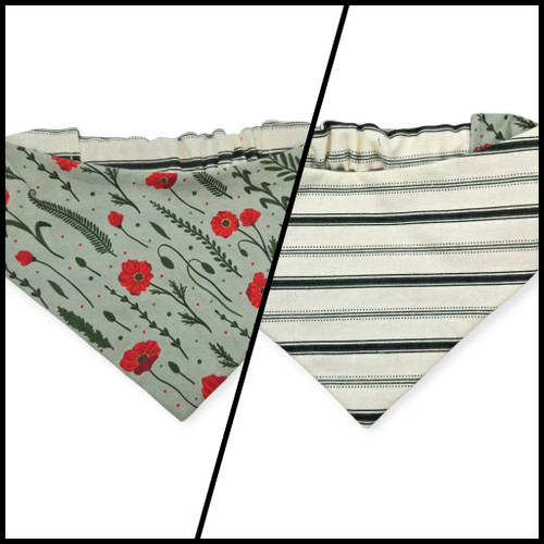Sage Poppies/Green & Cream Stripes Reversible Slip-on Scrunchie Bandana (Medium)