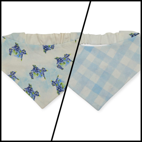 Texas Shaped Bluebonnet/Blue Watercolor Plaid Reversible Slip-on Scrunchie Bandana (Small/Medium)