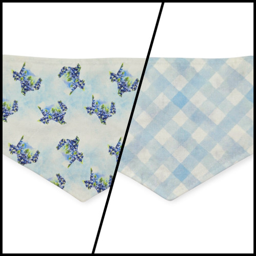 Texas Shaped Bluebonnet/Blue Watercolor Plaid Reversible Tie-on Bandana (Large)