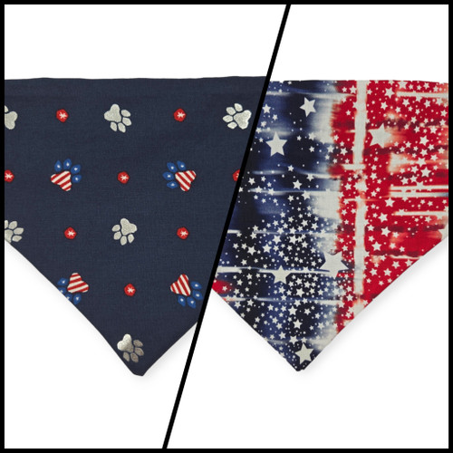 Navy Paw Prints/Tie Dye Star Patriotic Reversible Slip-on Scrunchie Bandana (Small/Medium)