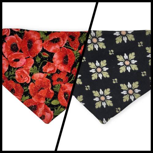 Red Poppy/Black Floral Geometric Reversible Slip-on Scrunchie Bandana (Small)