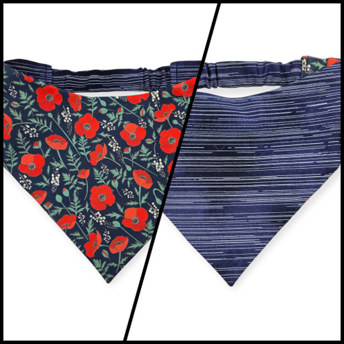 Red Poppies on Midnight Blue/Blue Pinstripe Reversible Slip-on Scrunchie Bandana (Large/X-Large)