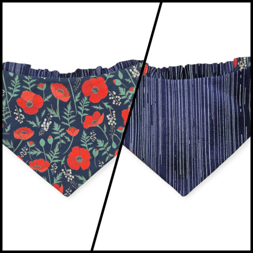 Red Poppies on Midnight Blue/Blue Pinstripe Reversible Slip-on Scrunchie Bandana (Medium)