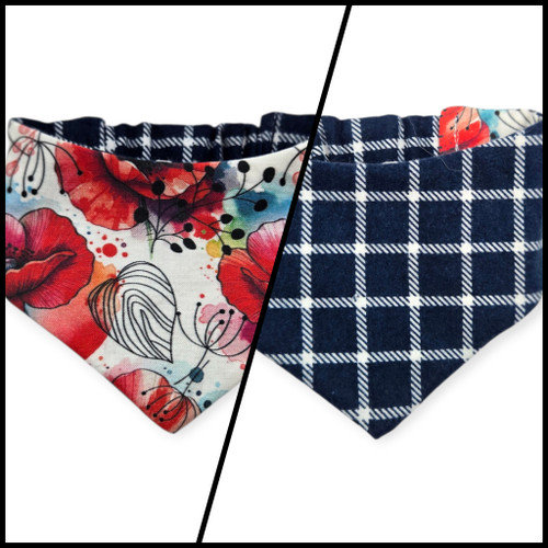 Watercolor Poppy/Navy Windowpane Plaid Reversible Slip-on Scrunchie Bandana (X-Small)