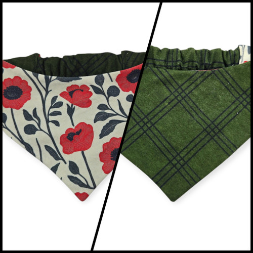 Red Poppy Block Print/Dark Olive Plaid Reversible Slip-on Scrunchie Bandana (Small)