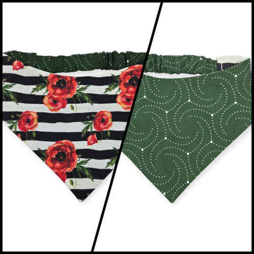 Poppies on Stripes/Dark Olive Swirl Reversible Slip-on Scrunchie Bandana (Large)