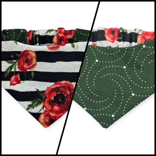 Poppies on Stripes/Dark Olive Swirl Reversible Slip-on Scrunchie Bandana (X-Small)