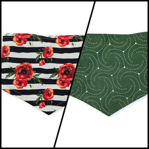 Poppies on Stripes/Dark Olive Swirl Reversible Tie-on Bandana (Small)
