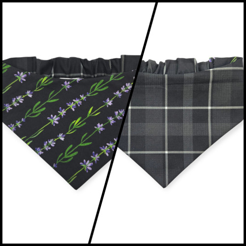 Dark Lavender Wildflowers/Black Plaid Reversible Slip-on Scrunchie Bandana (Medium)