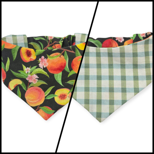 Peach Tree on Black/Green & Blue Spring Plaid Reversible Slip-on Scrunchie Bandana (X-Small/Small)