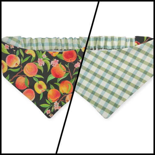 Peach Tree on Black/Green & Blue Spring Plaid Reversible Slip-on Scrunchie Bandana (Medium)