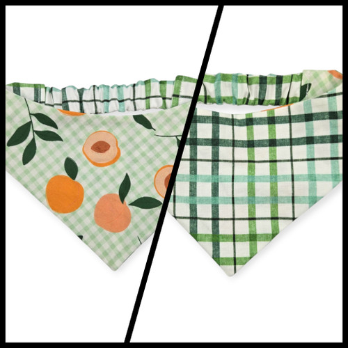 Peaches and Leaves Gingham Plaid/Multi Green Plaid Reversible Slip-on Scrunchie Bandana (Medium)