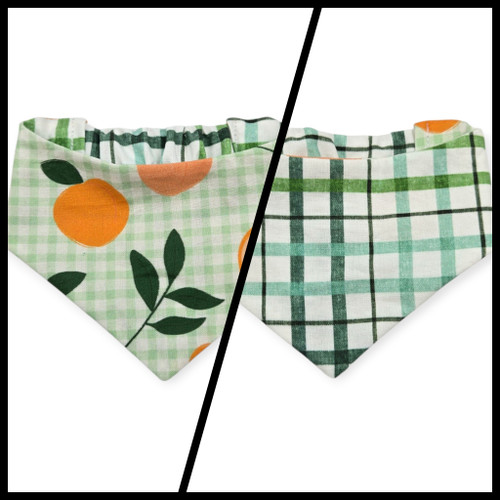 Peaches and Leaves Gingham Plaid/Multi Green Plaid Reversible Slip-on Scrunchie Bandana (X-Small/Small)
