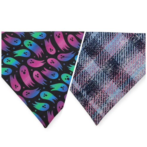 Rainbow Ghosts/Purple Distressed Plaid Reversible Slide-on Bandana (Large)