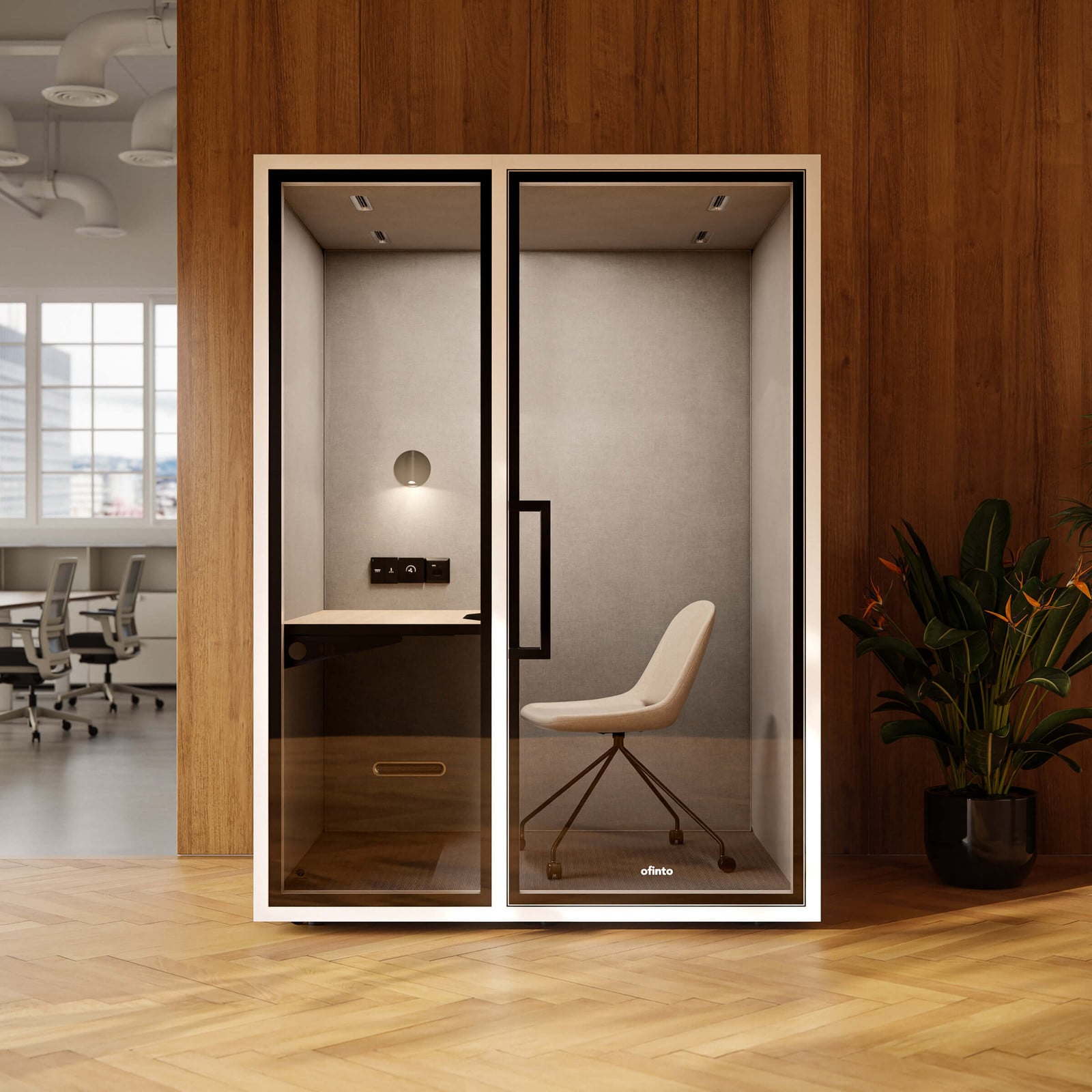 Telefonbox Focus Work mit Möbel in modernem Büro mit Holzverkleidung, Parkettboden und Pflanze