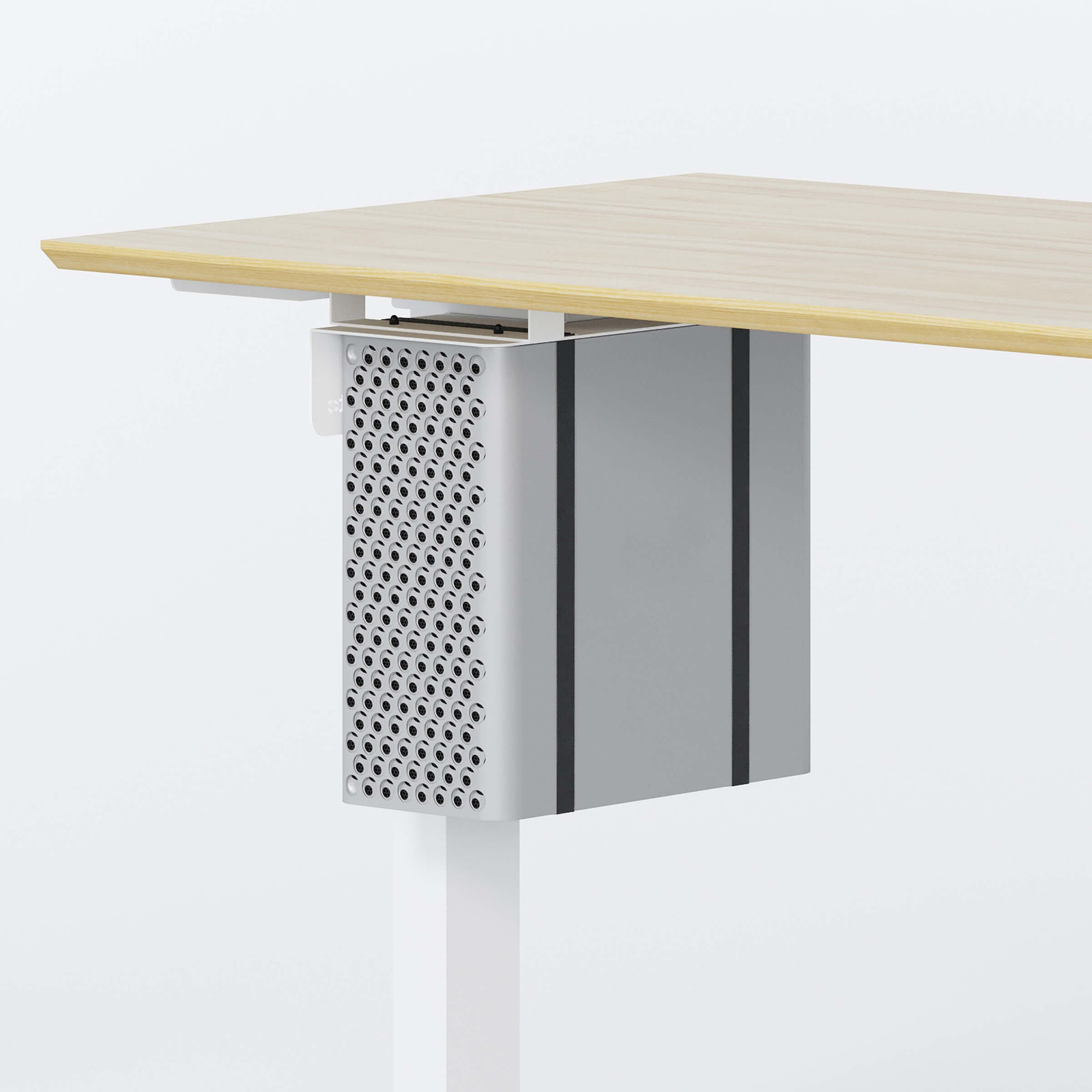 ofinto PC-Halterung Weiss an höhenverstellbarem Schreibtisch Elevate montiert - höhenverstellbare CPU-Halterung mit Ablage am weissen Tischgestell, ergonomisches Zubehör für ordentlichen Arbeitsplatz mit natürlicher Holz-Tischplatte
