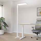 ofinto Stehlampe Lumino Weiss freistehend - moderne LED-Standleuchte mit rechteckigem Leuchtpanel und schlankem Metallfuss, ergonomische Bürobeleuchtung neben höhenverstellbarem Schreibtisch und ergonomischem Bürostuhl in minimalistischem Home Office