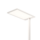 ofinto Stehlampe Lumino Weiss Leuchtpanel Nahaufnahme - Detailansicht des grossflächigen LED-Panels mit ofinto Logo, blendfreie Bürobeleuchtung mit gleichmässiger Lichtverteilung und weissem Aluminiumrahmen