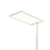 ofinto Stehlampe Lumino Weiss Leuchtpanel Nahaufnahme - Detailansicht des grossflächigen LED-Panels mit ofinto Logo, blendfreie Bürobeleuchtung mit gleichmässiger Lichtverteilung und weissem Aluminiumrahmen
