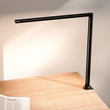 ofinto Tischlampe Lumino Desk Schwarz mit optionaler Tischklammer Schwarz - LED-Schreibtischlampe auf Holztisch mit offener Zeitschrift, moderne minimalistische Arbeitsplatzbeleuchtung