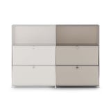 Erweiterungs-Set für Cubox Möbel mit 3 Ebenen und 2 Klappen in Seidengrau, als Anbau an ein bestehendes Cubox Möbel, Frontalansicht freigestellt auf weissem Hintergrund
