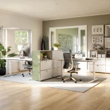 Cubox Regal mit Soft Panel Moosgruen, natuerlicher Raumteiler in freundlichem Homeoffice