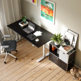 Cubox Sideboard mit Soft Panel Gletschergrau neben Stehpult, ruhige Homeoffice-Ecke mit Pflanze