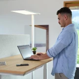 Mann in blauem Hemd arbeitet stehend am Laptop mit moderner Akustik-Trennwand und minimalistischem Arbeitsplatz-Design