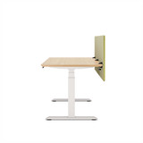 ofinto Akustik-Trennwand grün 180cm x 60cm montiert am höhenverstellbaren Schreibtisch Elevate - Seitenansicht Anwendungsbeispiel Büro-Setup