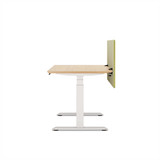 ofinto Akustik-Trennwand grün 140cm x 60cm montiert am höhenverstellbaren Schreibtisch Elevate - Seitenansicht Anwendungsbeispiel Büro-Setup